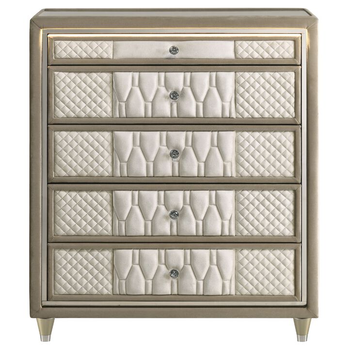Maren Tall Dresser Chest, 5 Drawers and LED Light, Ivory Tufted Velvet
