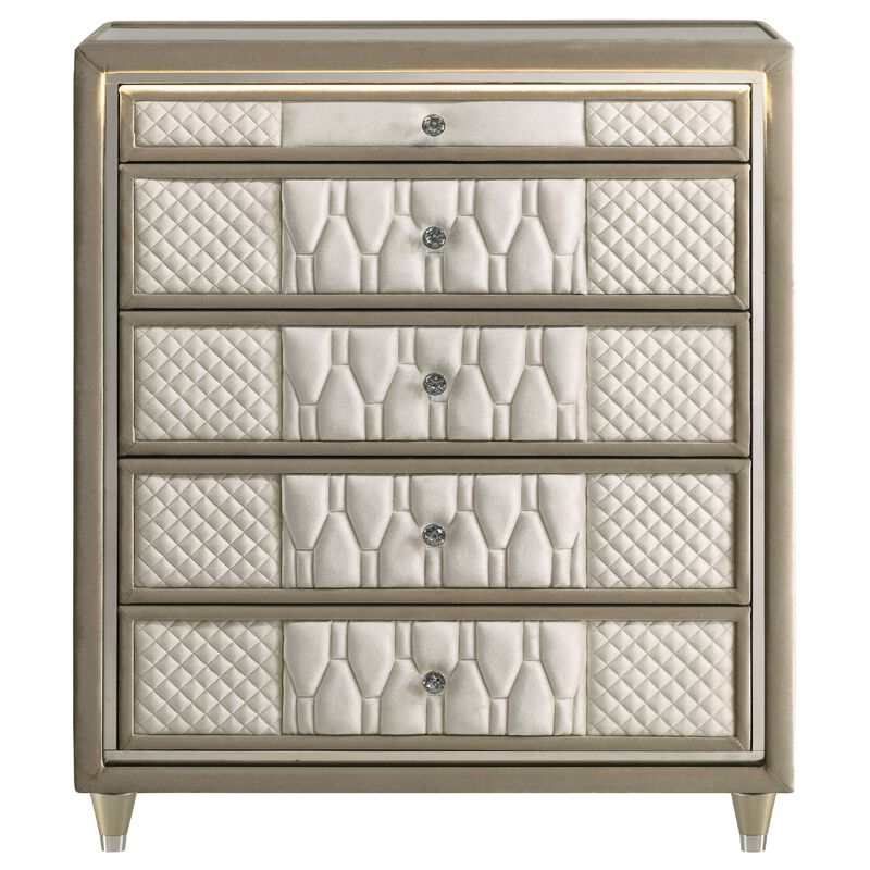 Maren Tall Dresser Chest, 5 Drawers and LED Light, Ivory Tufted Velvet image number 0