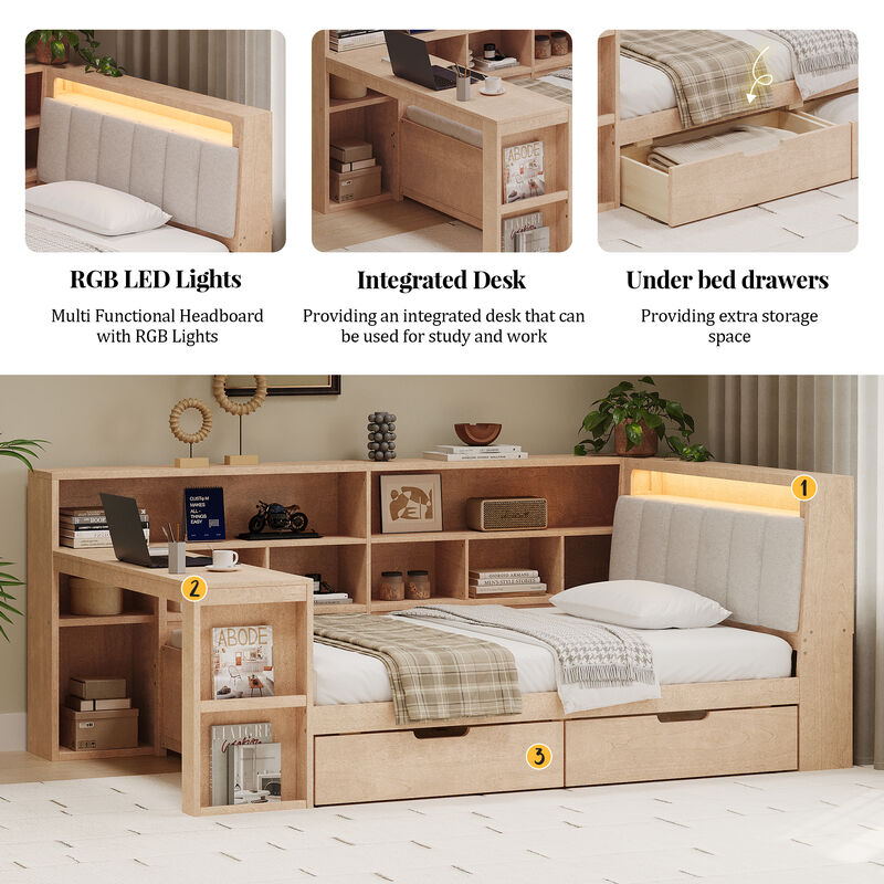 Merax L-shaped Wooden Daybed with Desk and Storage Bookcase