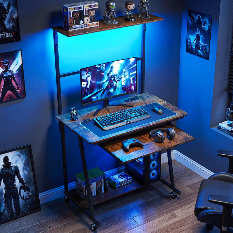 Small Rolling Computer Desk with LED Lights and Charging Station image number 5