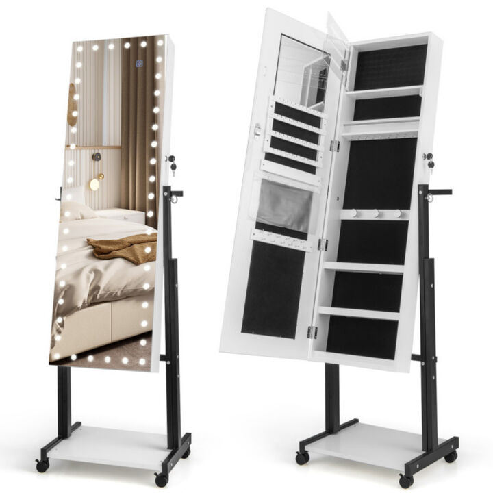 3-Color 46 LED Lights Mirror Jewelry Cabinet Armoire Adjustable Height with Wheels