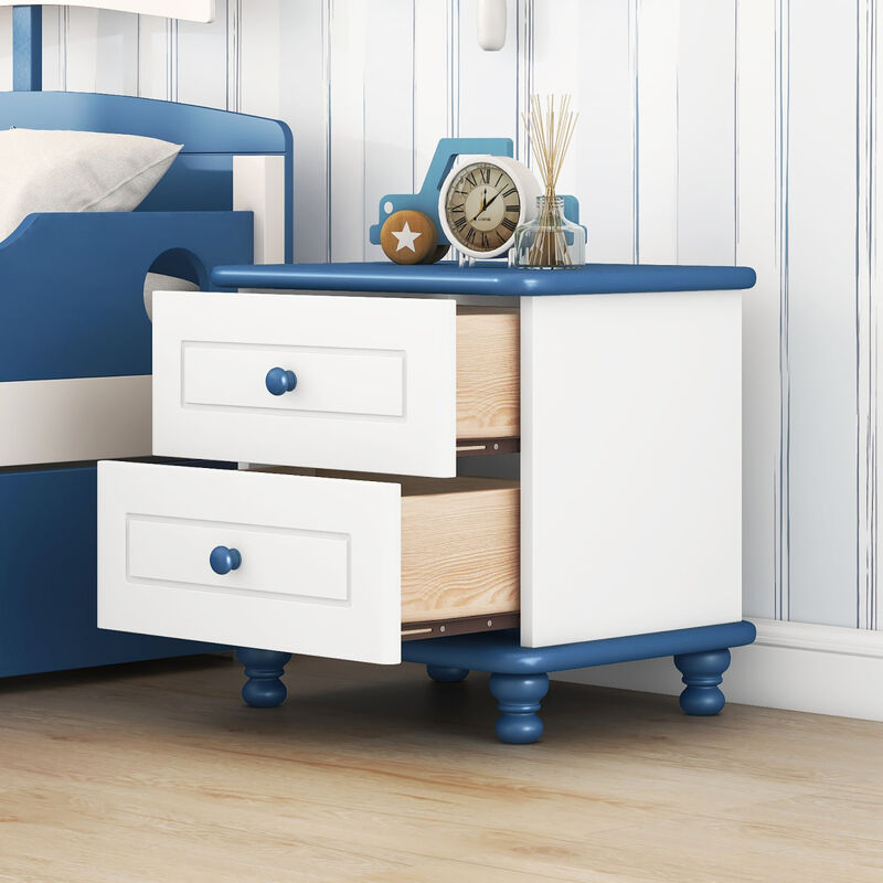 Wooden Nightstand with Two Drawers for Kids, End Table for Bedroom, White+Blue