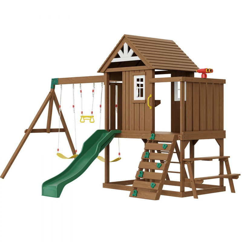 Backyard Wooden Swing Set with Slide and Upper Play Fort for Kids