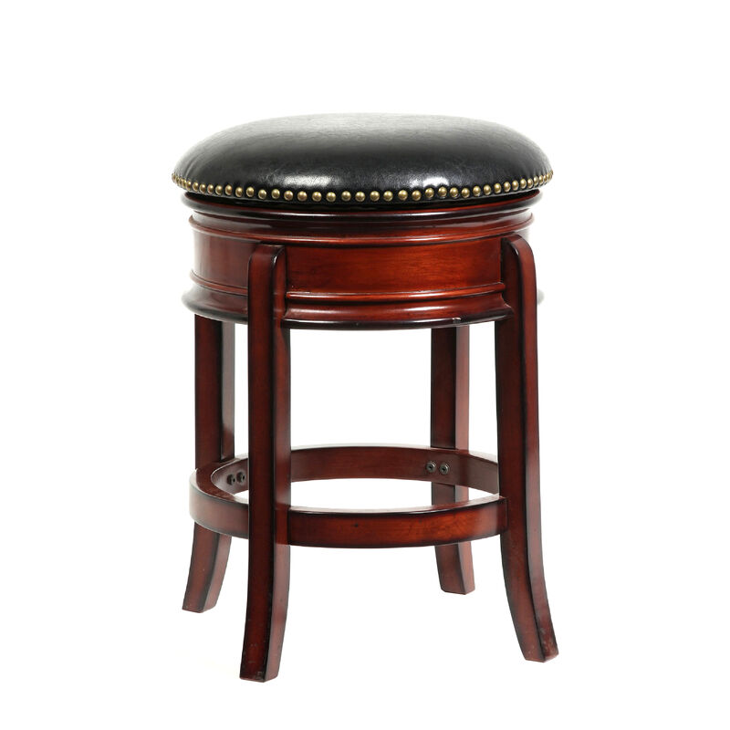 Sabi 24 inch Swivel Counter Stool, Solid Wood, Faux Leather, Brown, Black - Benzara