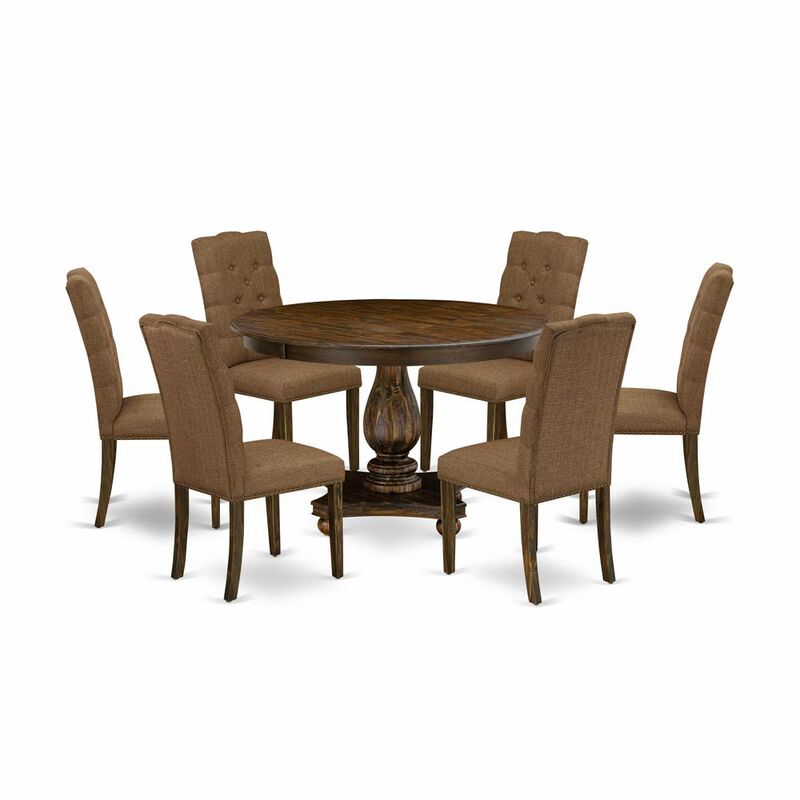 East West Furniture 7 Piece Modern Dining Table Set Consists of a Wooden Table and 6 Brown Linen Fabric Parson Chairs with Button Tufted Back - Distressed Jacobean Finish