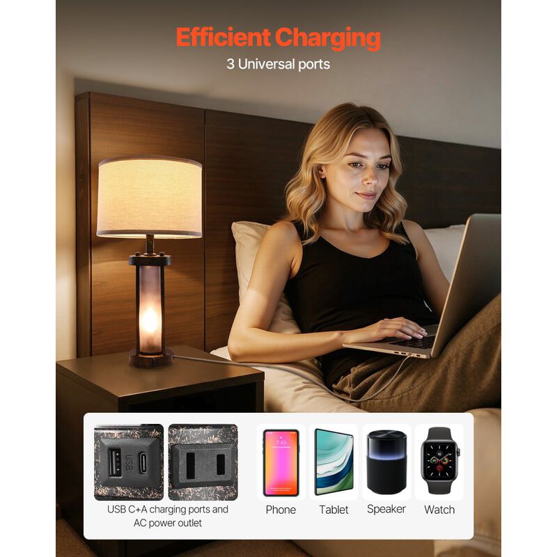 Farmhouse Bedside Table Lamps Set of 2 with Linen Shades, USB Charging Ports & AC Outlet image number 6