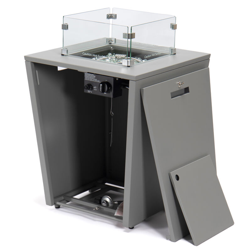 LeisureMod Marlin Modern Aluminum Outdoor Patio Chaise Lounge Chair With Arms in Grey Frame Set of 2 with Square Fire Pit Side Table