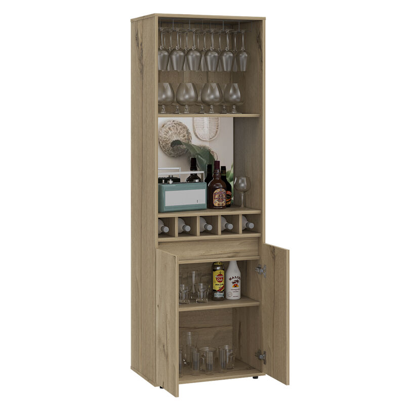 DEPOT E-SHOP Dallas Bar Double Door Cabinet, Five Built-in Wine Rack, Two Shelves, Two Interior Shelves, Light Oak