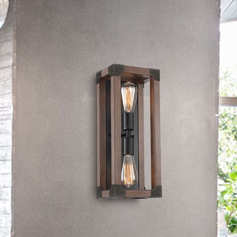 Elvia Pine Wood 2-Light Wall Sconce Antique Black Metal Finish image number 1