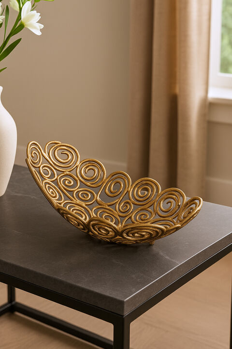 HomeRoots 16" Gold Aluminum Abstract Circles Oval Decorative Bowl
