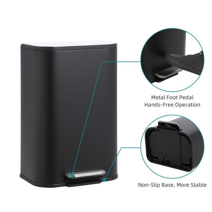 Modern Stainless Steel Trash Can, Soft Close Lid, Step Pedal, Removable Inner Bucket, Rectangular Durable Design