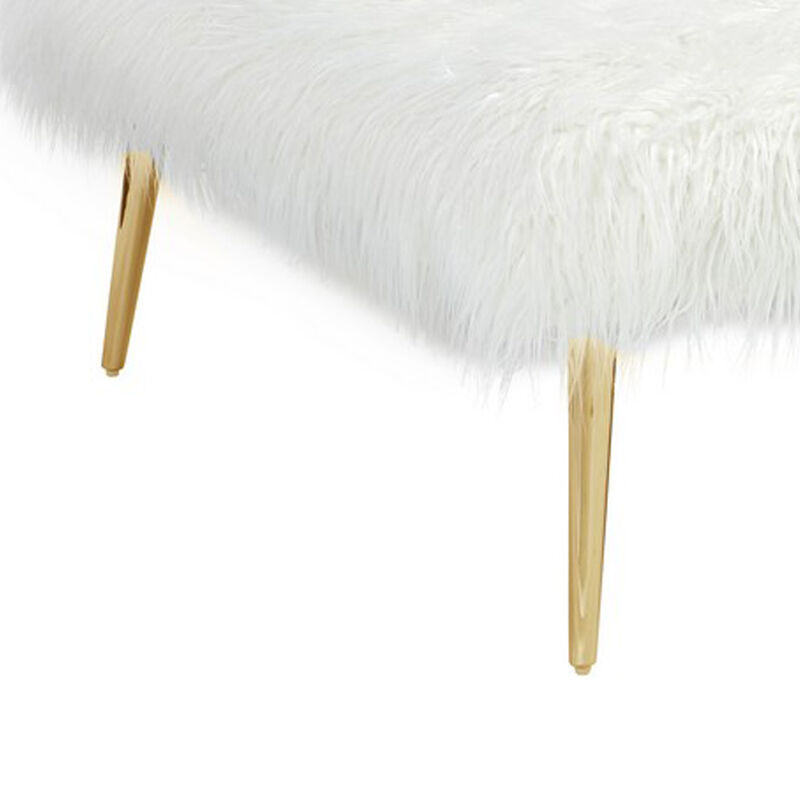 Ammy 36 Inch Ottoman, White Faux Fur Square Padded Seat, Gold Metal Finish - Benzara