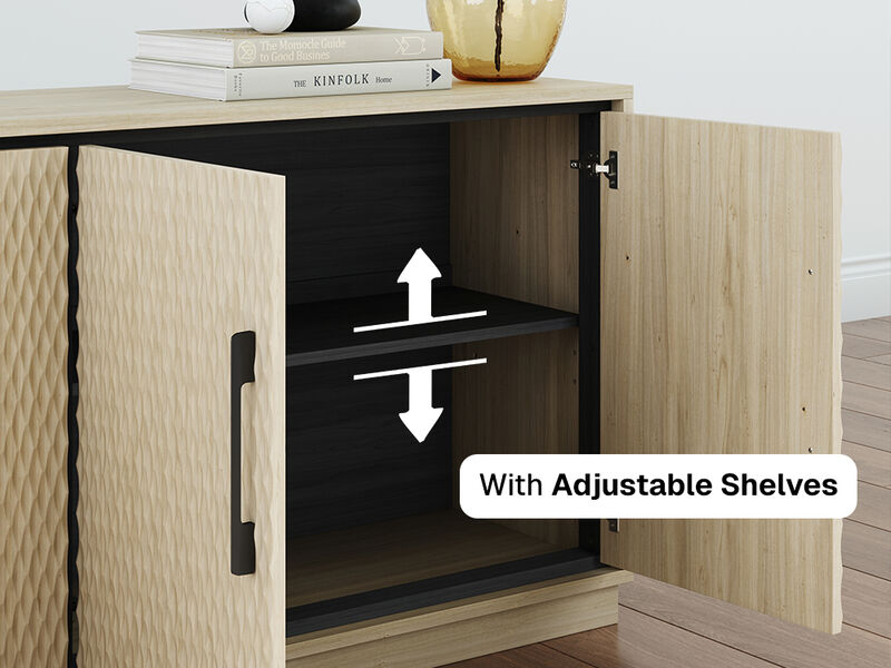 BELLEZE 65-Inch Embossed Buffet Cabinet with Storage, Mid Century Modern Sideboard Large Buffet Console Table for Dining Room, Kitchen, and Living Room (White Lotus)