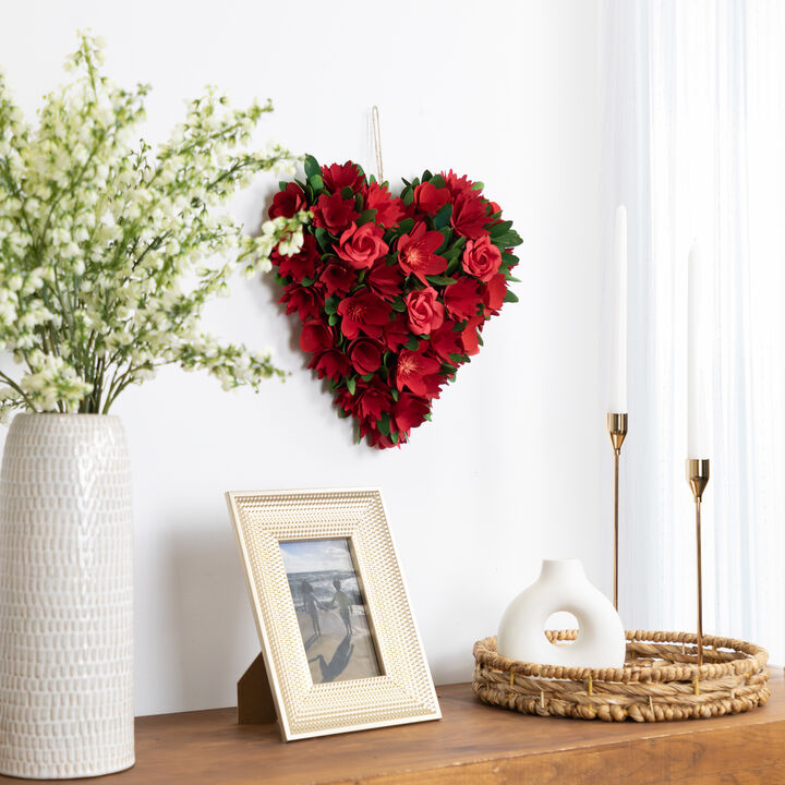 Mixed Floral with Wooden Flowers Artificial Valentine's Day Heart Wreath - 12.25"