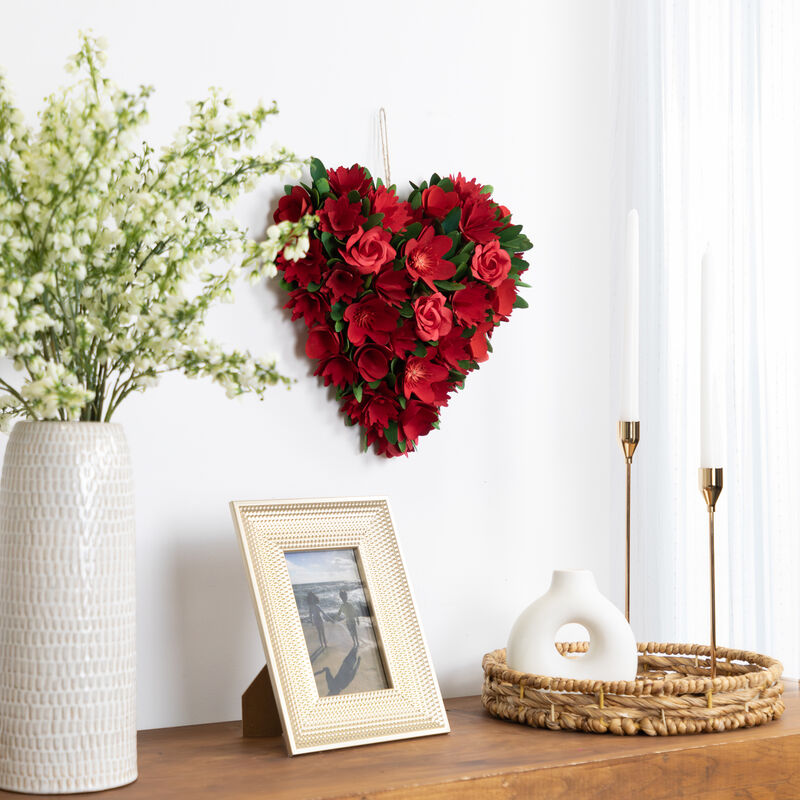 Mixed Floral with Wooden Flowers Artificial Valentine's Day Heart Wreath - 12.25" image number 1
