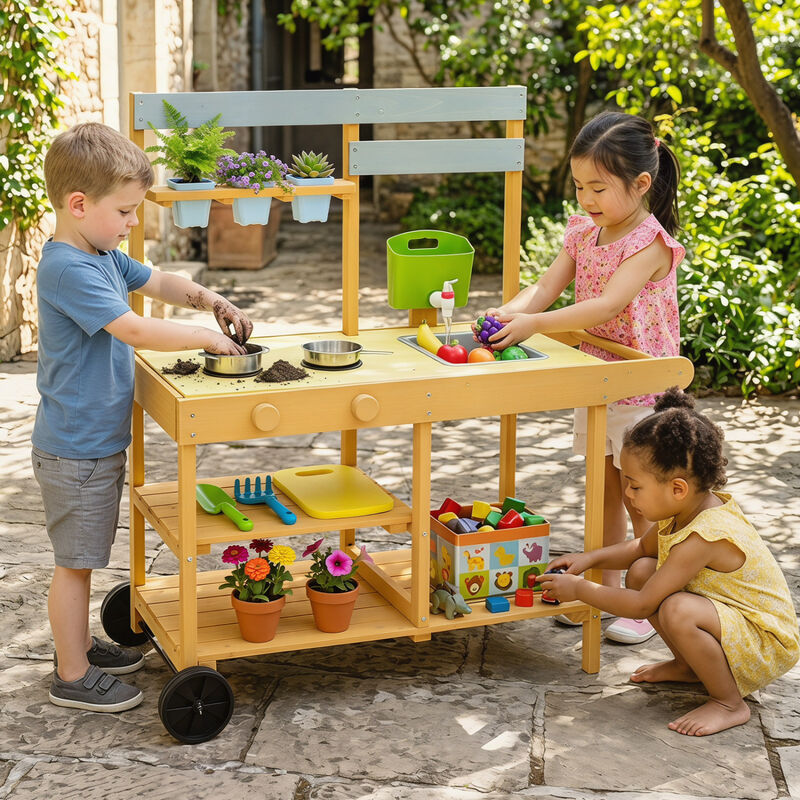 Outdoor Mud Kitchen for Kids with Flowerpots and Rolling Wheels image number 4