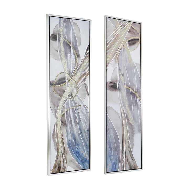 20 x 71 Tall Framed Rectangular Oil Paintings Set of 2, White Abstract - Benzara