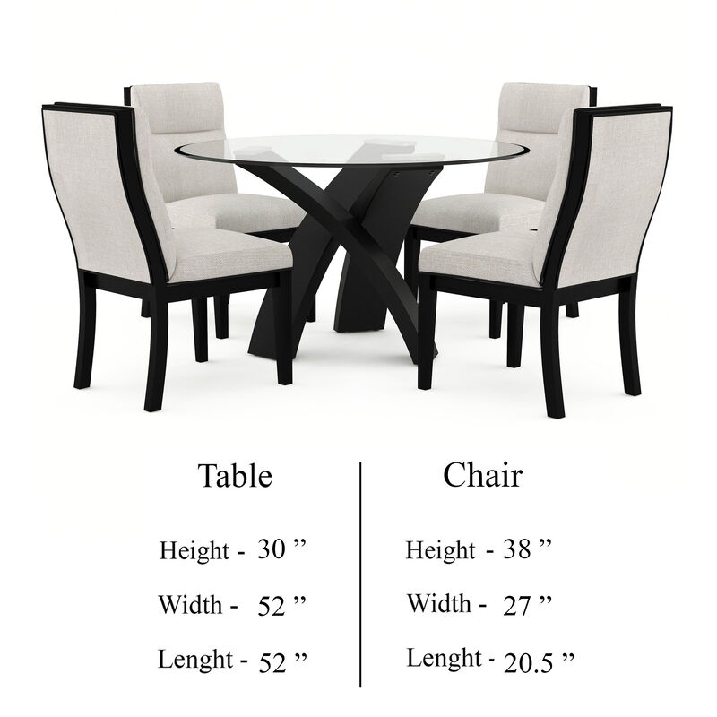 Moi 5pc Dining Table and Chair Set, 52 Inch Round Glass, White Black - Benzara