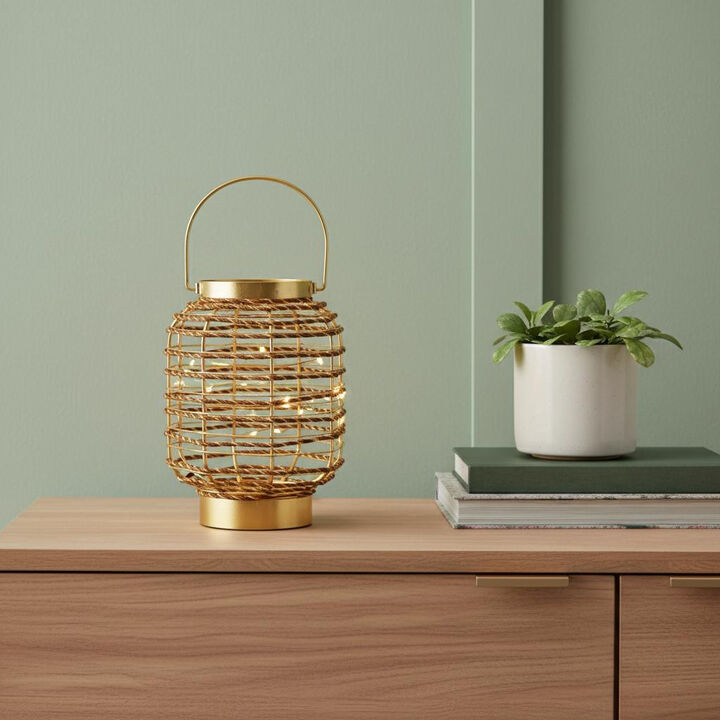 HomeRoots 8" Distressed Gold Geometric Lantern Desk Lamp With Novelty Shade