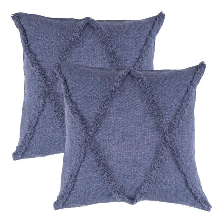 HomeRoots Set of Two Blue Diamond Cotton Throw Pillow With Fringe
