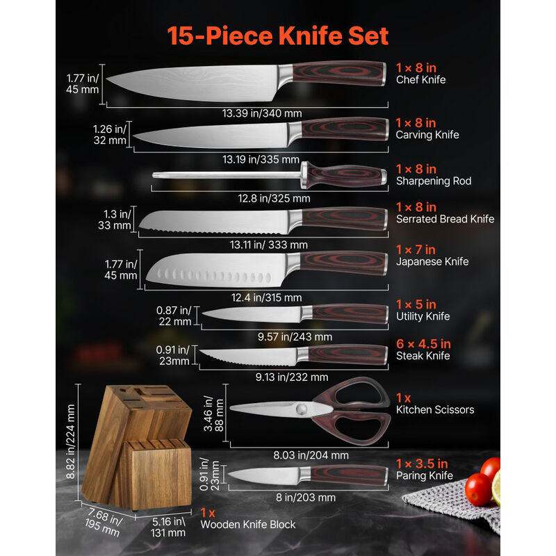15 Piece Kitchen Knife Set with Block and Sharpener, Stainless Steel Cutlery Set image number 2