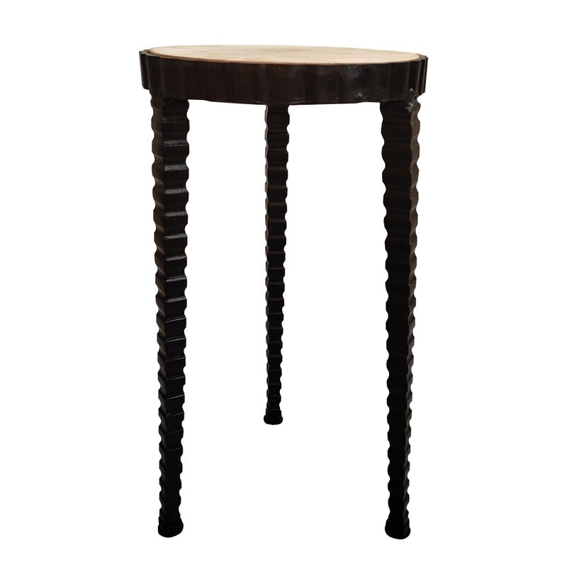 22 Inch Round Wooden Side Table with Tapered Tripod Base, Brown and Black-Benzara image number 1