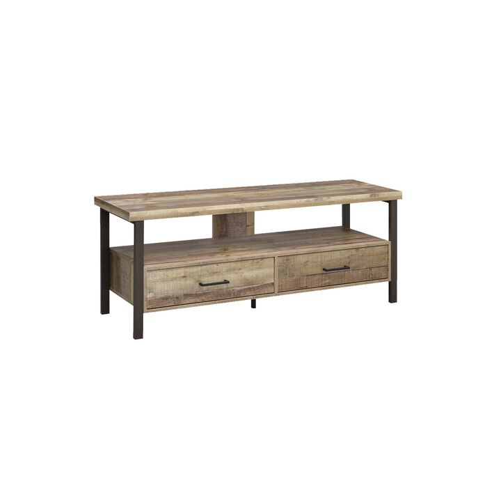 59 Inch Wooden TV Console with 2 Storage Drawers and Open Shelf, Brown-Benzara