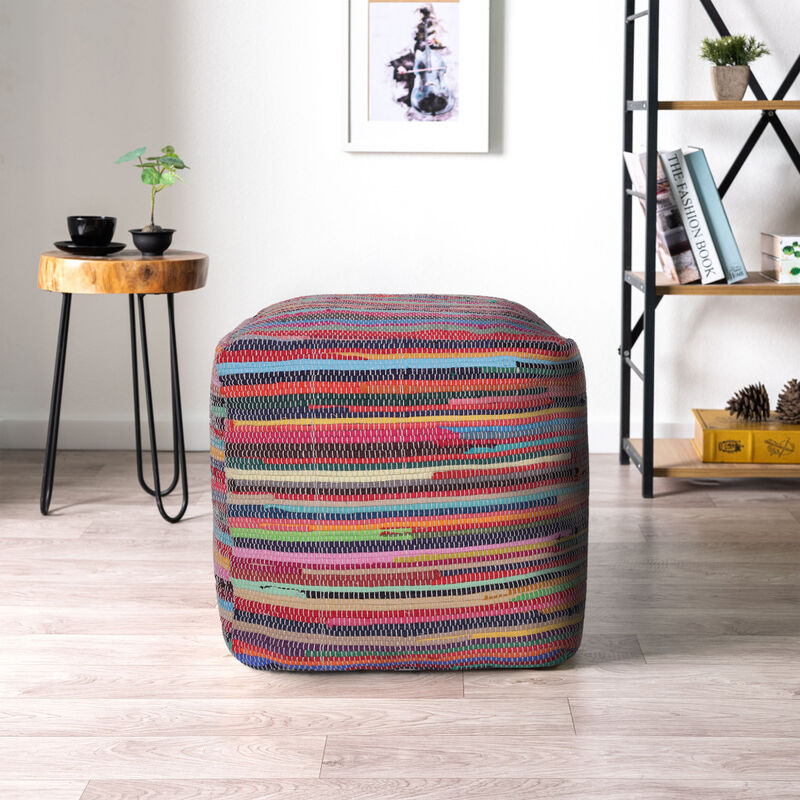 Hivvago 18 Inch Red And Black Cotton Cube Striped Pouf Ottoman