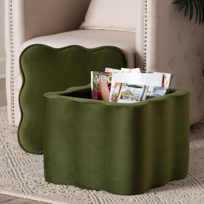 Baxton Studio Paulina Velvet Storage Ottoman - Lid Top Accent Stool with Interior Storage and Scalloped Outline for Bedroom or Living Room image number 5