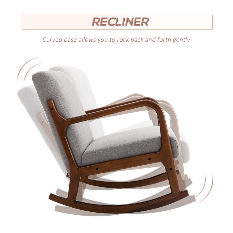 Grey Living Room Rocker: Upholstered Armchair with Wood Base