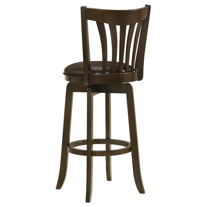 Ethan Swivel Barstool Chair, Dark Brown Faux Leather, Slatted Back Hardwood