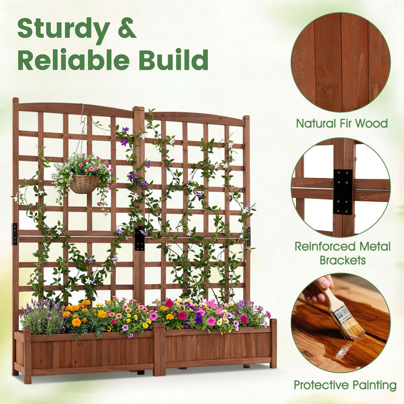 Dual Wooden Raised Garden Bed with Trellis and Drainage Holes image number 3