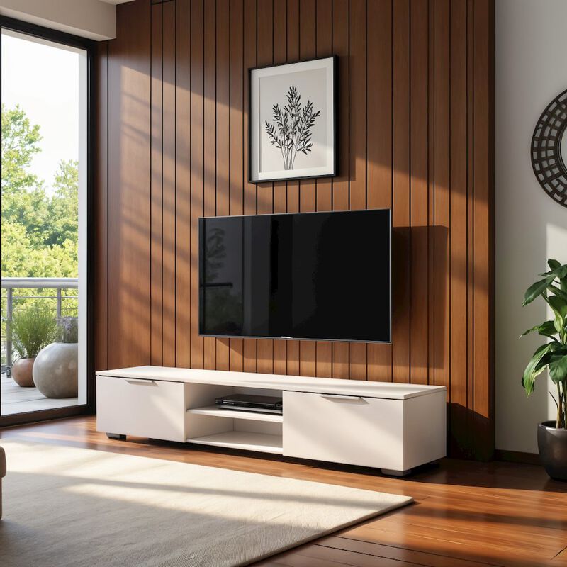 FurniFact White High Gloss TV Cabinet - Stylish TV Stand with Drawers and Shelves