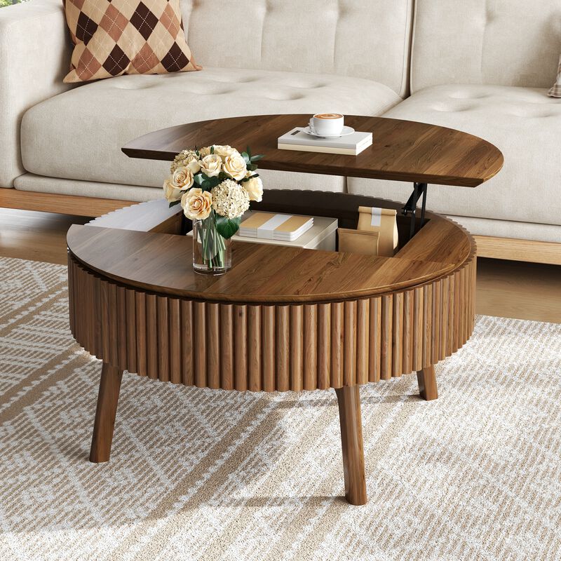 Whisen 30.3" Round Lift-Top Coffee Table, Solid Wood Mid-Century Modern Center Table with Hidden Storage for Living Room image number 3