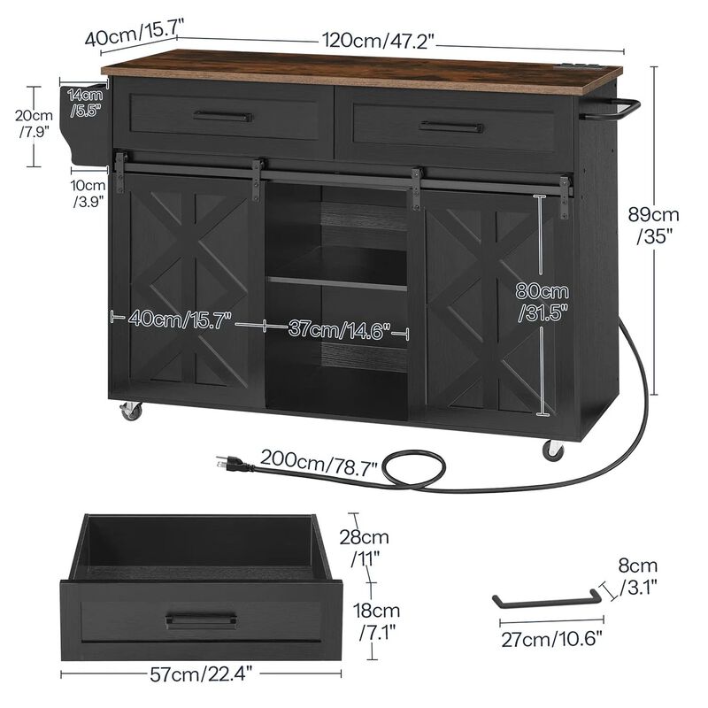 Mobile Kitchen Island with Built-In Power Outlet and Sliding Barn Door-Black image number 2