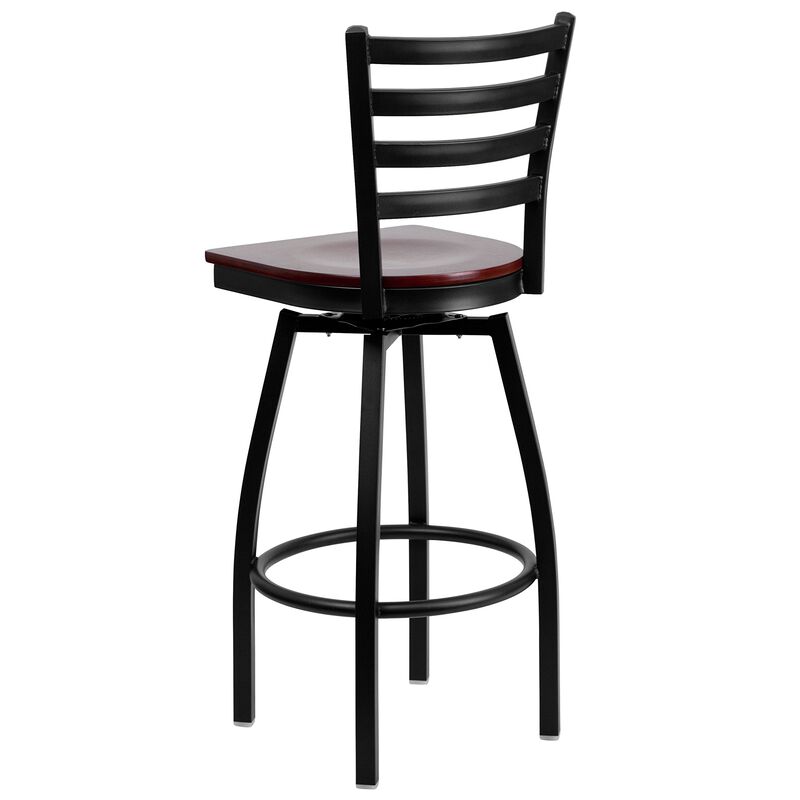 Flash Furniture HERCULES Series Black Ladder Back Swivel Metal Barstool - Mahogany Wood Seat