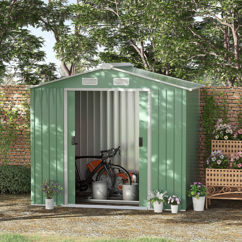Outsunny 7' x 4' Outdoor Storage Shed, Garden Tool House with Foundation, 4 Vents and 2 Easy Sliding Doors for Backyard, Patio, Garage, Lawn, Light Green
