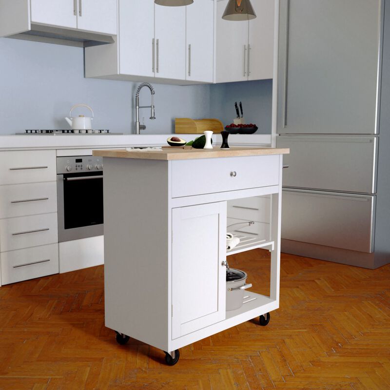 Space-Saving Rolling Kitchen Island with Shelves and Drawers