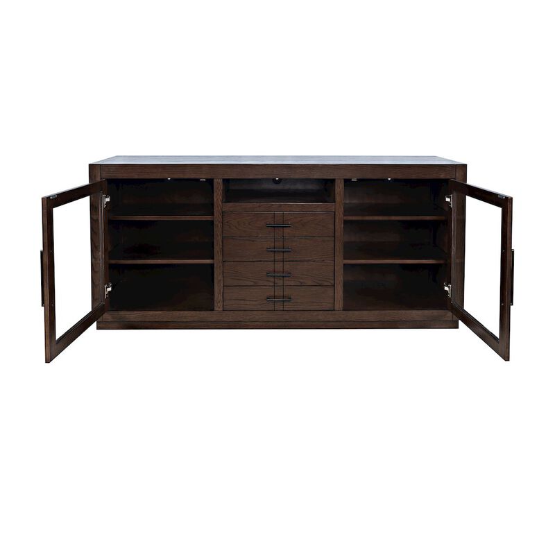 Jofran 70 Contemporary Media Console with Tempered Glass Doors, Drawers and Shelves