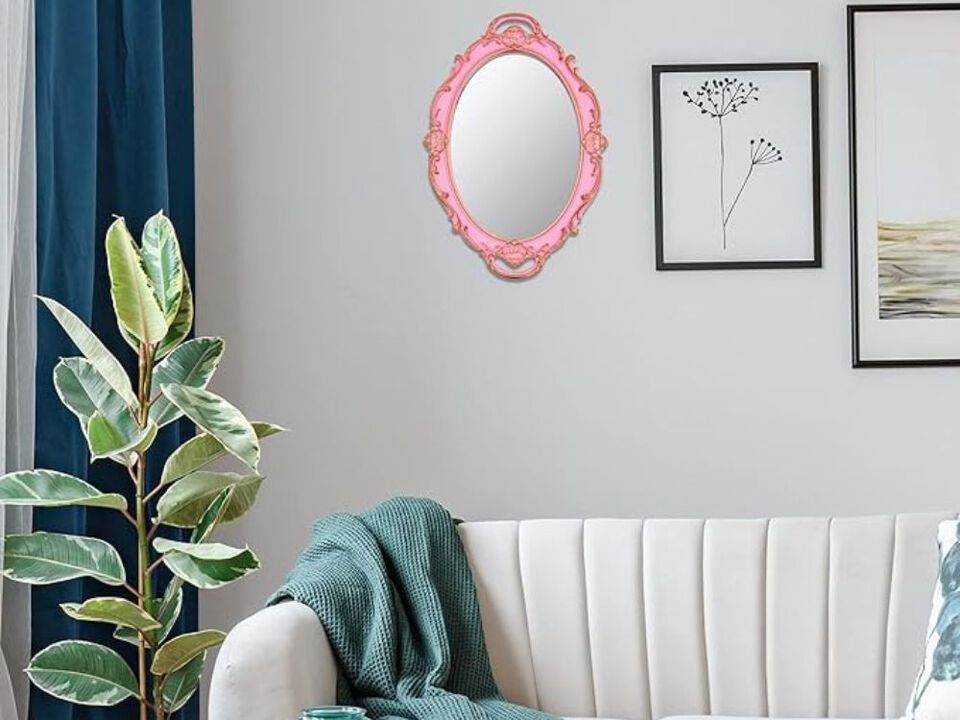 Vintage Oval Pink Mirror &ndash; 14.5" x 10" Baroque Wall Decor Accent