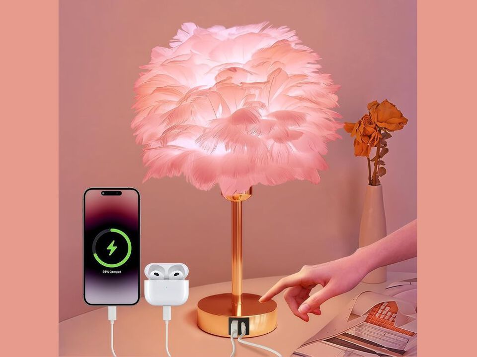 Smart RGB Feather Table Lamp with Touch Control USB Charging and Dimmable Light