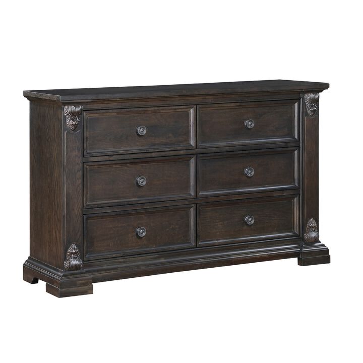 Walz 66 Inch Wide Dresser, 6 Drawers, Espresso Brown with Black Knobs - Benzara