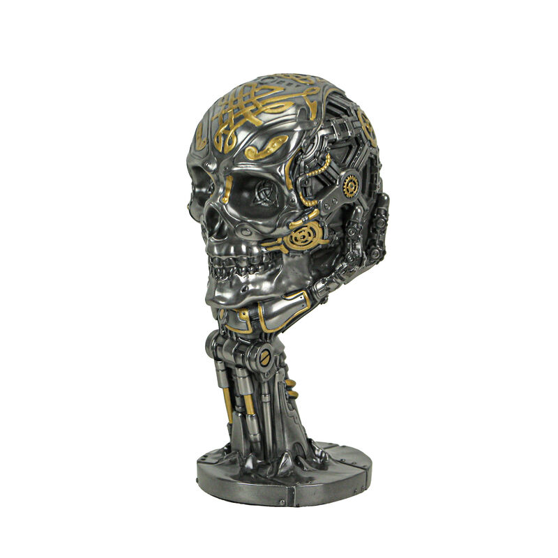Silver / Gold Finished Steampunk Human Skull Statue - Robotic Arm Base image number 0