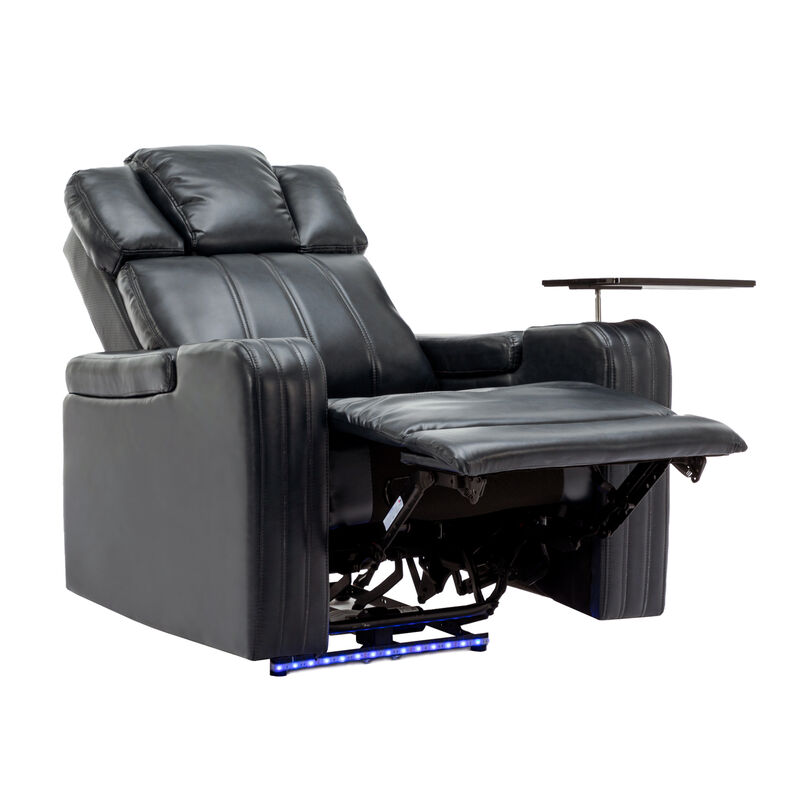 Whisen PU Leather Power Recliner with Cup Holder, Bluetooth Speaker, LED Lights, USB Ports, Tray Table and Arm Storage