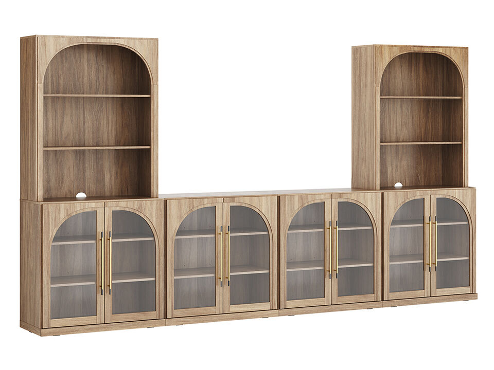 BELLEZE 6-Piece Modular TV Stand Set - 4 Arched Glass Door Entertainment Center & 2 Hutch Storage Units, Classic Modern Large Media Console with Adjustable Shelves for Living Room Family Room, Camel