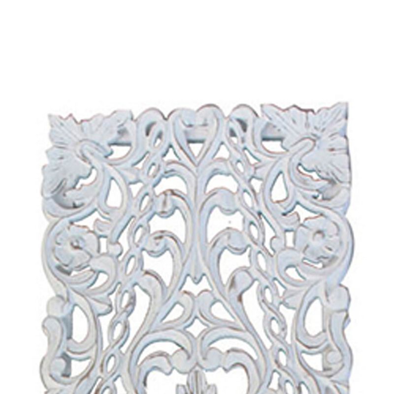 60 Inch Tall Decorative Panel, Carved Floral Vine Design, Mango Wood, White - Benzara