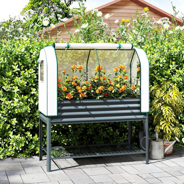 Hivvago Metal Raised Planter with Greenhouse Cover and Shelf