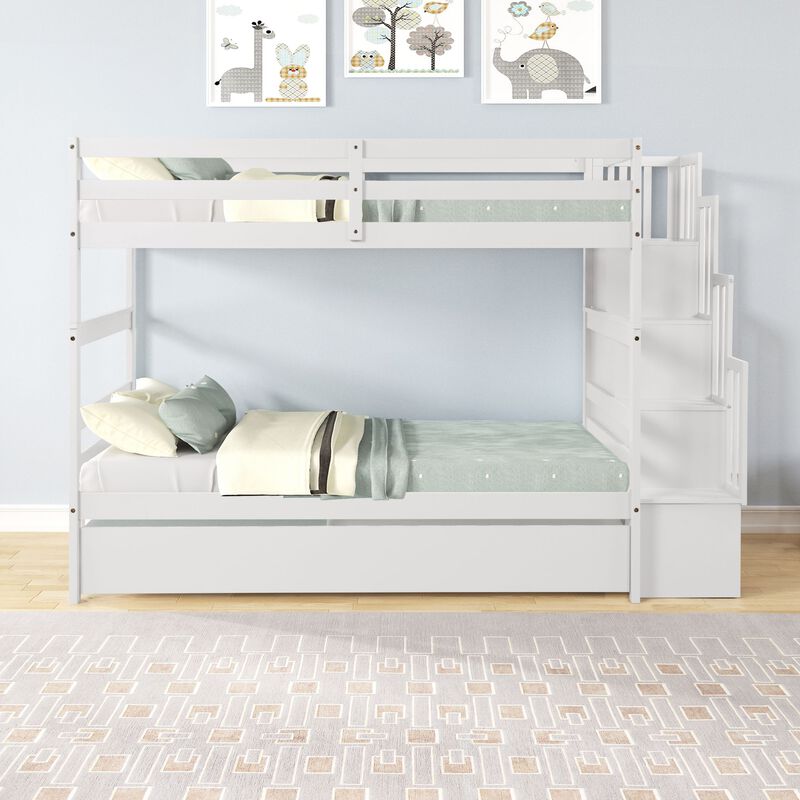 Whisen Twin over Twin Bunk Beds With Twin Trundle and Stairway Storage Function