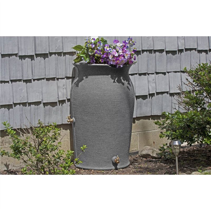 Hivvago Dark Grey Granite 50-Gallon Plastic Urn Rain Barrel with Planter Top
