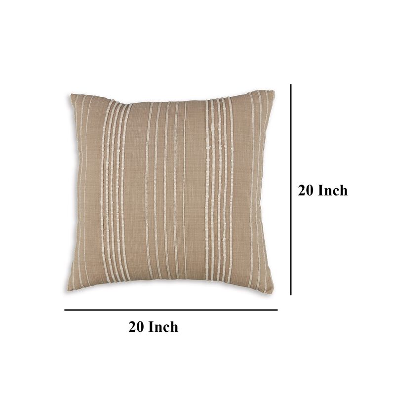 Square Accent Throw Pillow, 20 Inch, Striped Cotton, White, Tan Brown - Benzara